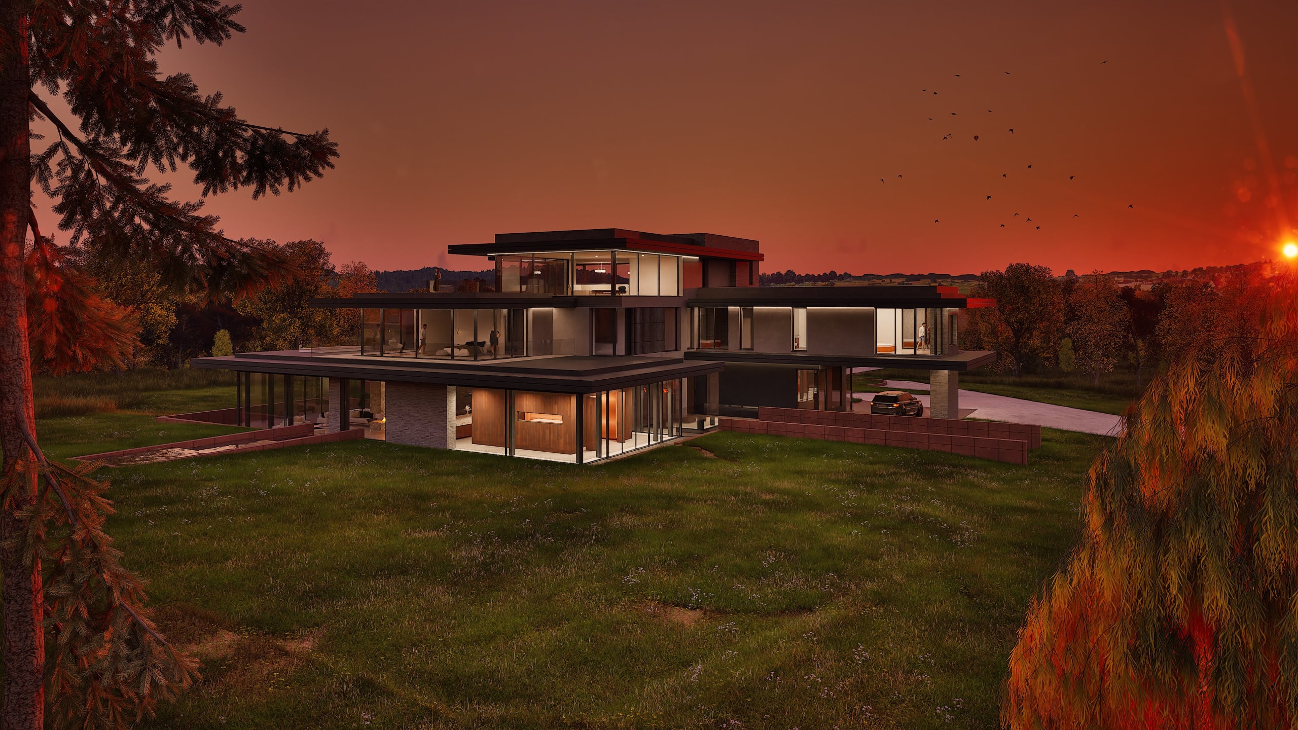 Modern three-story luxury residence with expansive glass walls and flat roofs set against a dramatic orange sunset sky